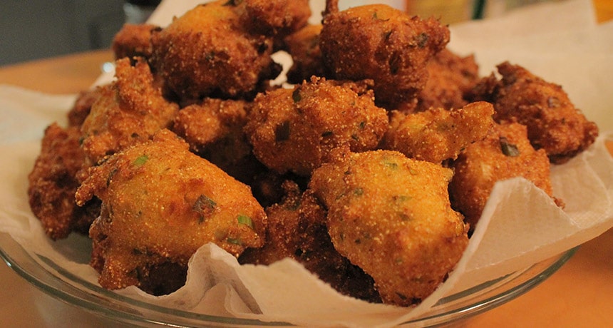 perfectly fried Divinely gluten free crab and green onion hush puppy recipe
