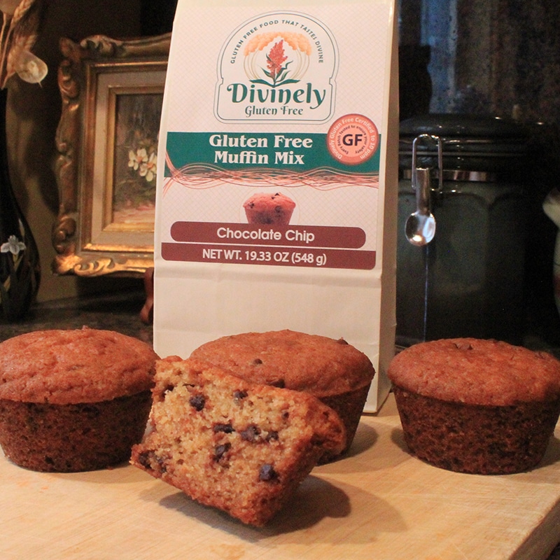 muffins and packaging for our gluten free chocolate chip muffin mix