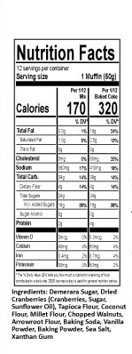 nutritional information for gluten free cranberry walnut muffin baking mix